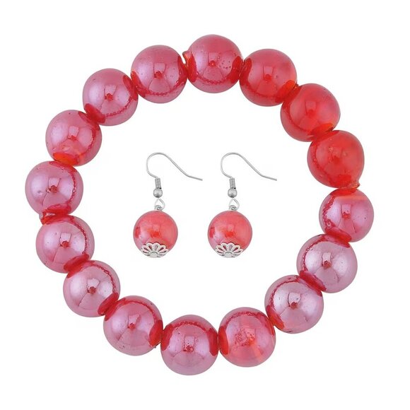 Red Color Beaded Stretch Bracelet and Dangle Earrings in Stainless Steel - Picture 1 of 3